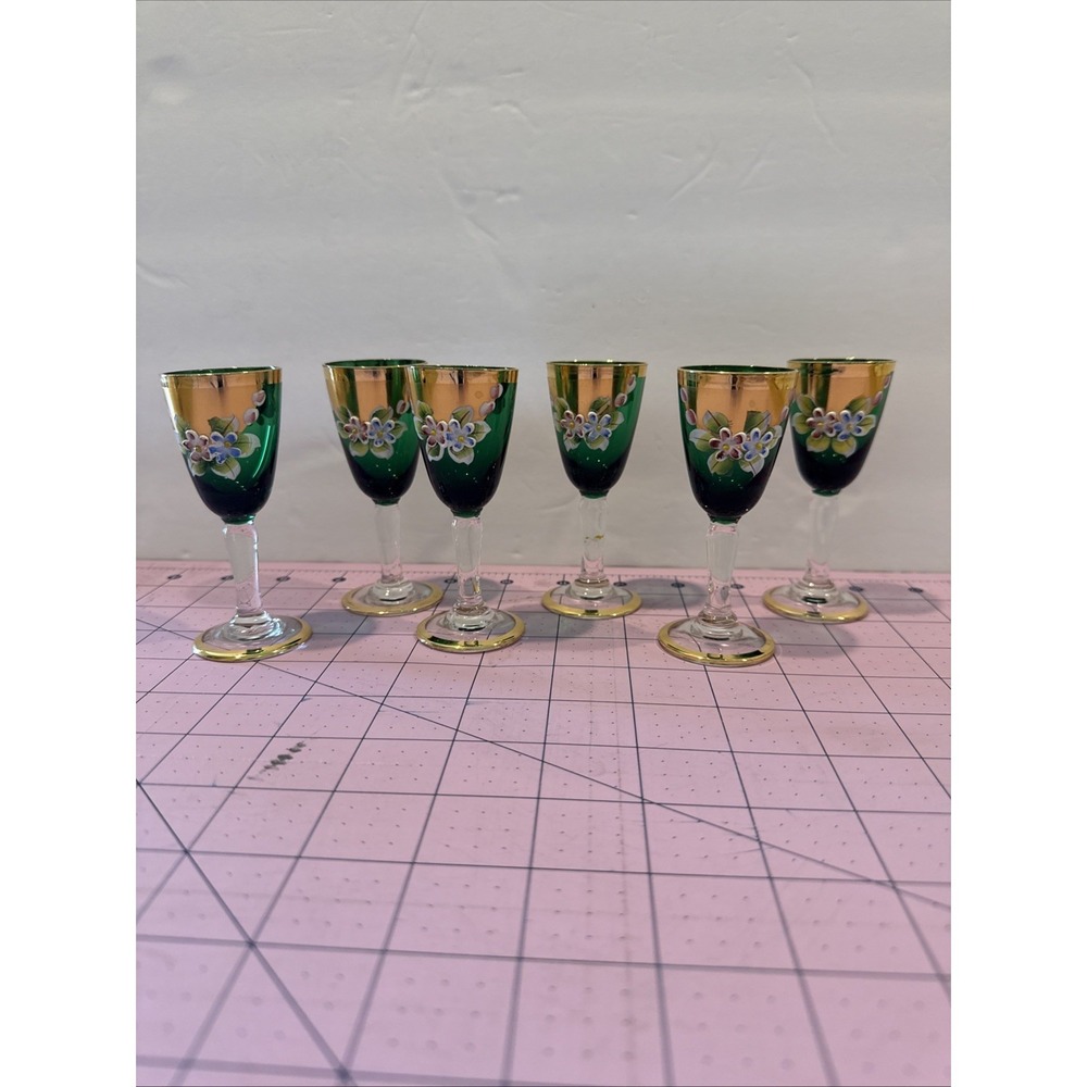Vintage Seyei Victorian Green‎ Glass Dessert Cordial Flutes Lot of 6